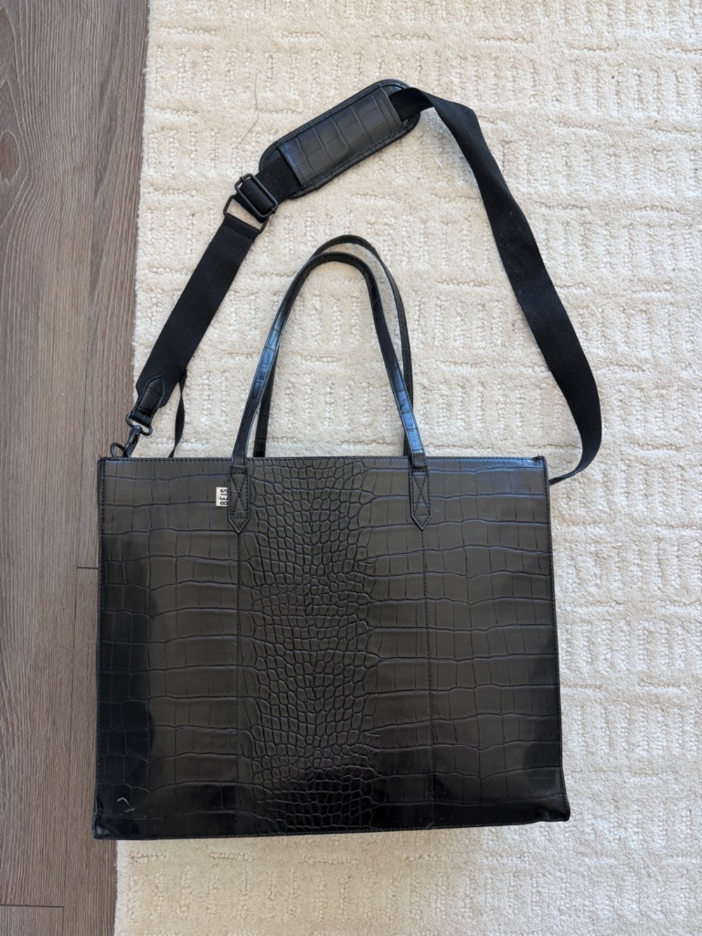 Beis Work Tote Large Black Croc-Embossed Leather Tote with Removable Strap